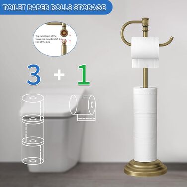 Тримач туалетного паперу на підлогу RUMOSE, античне латунь, регульований (31,5-57,9 см), з полицею для зберігання, нержавіюча сталь