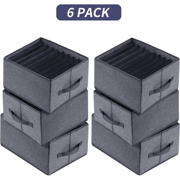 BIGLUFU 6-Piece Closet Organizer Fabric Folding Storage Boxes Set with 7 Compartments Drawer Organization System Storage for Clothes, T-shirts, Pants, Underwear, Jeans (9 Compartments)