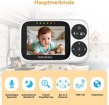 Дитячий відеоняня HelloBaby з камерою, 3.2' LCD, бездротовий монітор з нічним баченням, контролем температури та двостороннім зв'язком (1 камера)