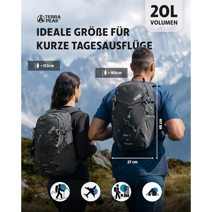 20L Flex 20 Premium Wanderrucksack (small) with back ventilation, hydration system & rain cover - Trekking backpack made of breathable 3D Air Mesh Polyester - Outdoor daypack with hip belt (Gray)