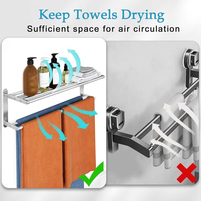 Тримач для рушників у ванну кімнату – 61 см, полиця для рушників з подвійною перекладиною, нікельована сталь, кріплення на стіну, 2-ярусний, для ванної кімнати та туалету