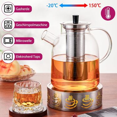Чайник скляний HEMOLY 1,8L з підставкою, з ситечком для листового чаю та пакетиків
