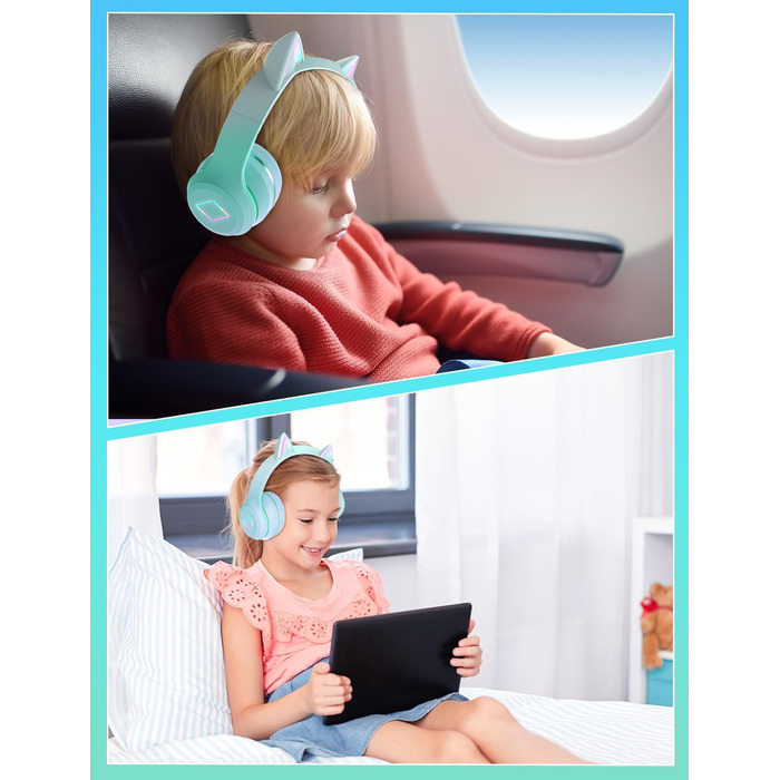 Бездротові навушники Bluetooth для дітей з LED-підсвіткою, котячими вушками та мікрофоном, HD стерео звук, складні, регульоване наголов'я, для дівчаток, PC/Tablet/навчання/школу (зелені)