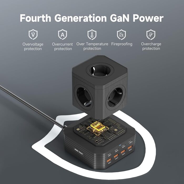 Мережевий фільтр з USB-портами Power Tower - зарядний станція для дому, офісу та студентів. 5 розеток AC, 8 USB (4 USB-C), 2м кабелю, захист від перевантаження