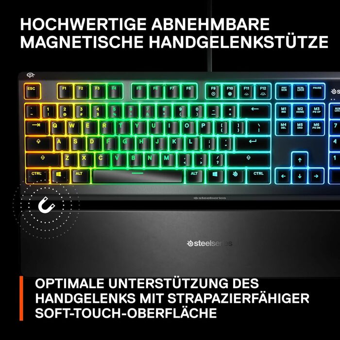 Клавіатура SteelSeries Apex 3 для ігор - RGB підсвічування 10 зон, магнітна підставка для зап'ястя, QWERTY (Nordic), чорний колір