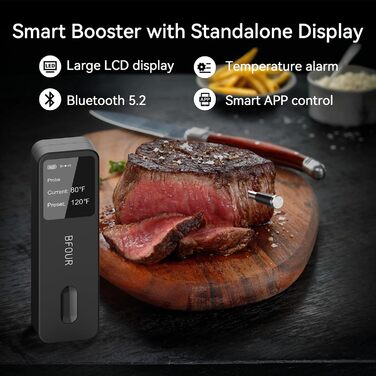 BFOUR Wireless Meat Thermometer Grill Thermometer Bluetooth with App, IP67 Waterproof Core Temperature Probe, Large Display Cooking Thermometer, App Control, for Grill, Oven, Rotisserie
