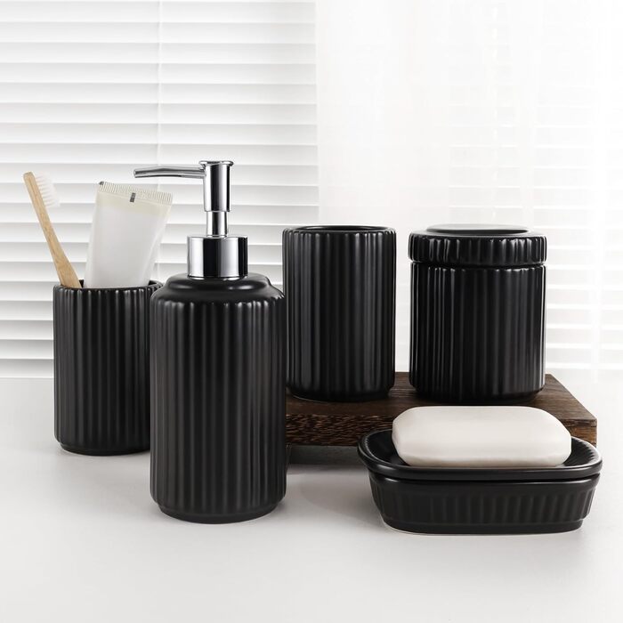 Набір для ванної кімнати NOVAJOY (5 шт.) з кераміки: органайзер, дозатор мила, мильниця, тримач для зубних щіток, контейнер для ватних паличок. Чорний колір.