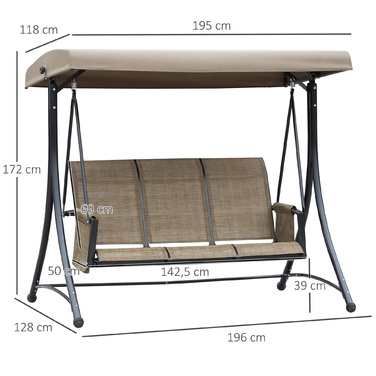 Outsunny Hollywood Swing with Side Pocket, 3-Seater Garden Swing with Adjustable Sunshade, Swing Bench Load Capacity up to 300kg, for Garden, Terrace, 196 x 128 x 172 cm, Brown | Aosom