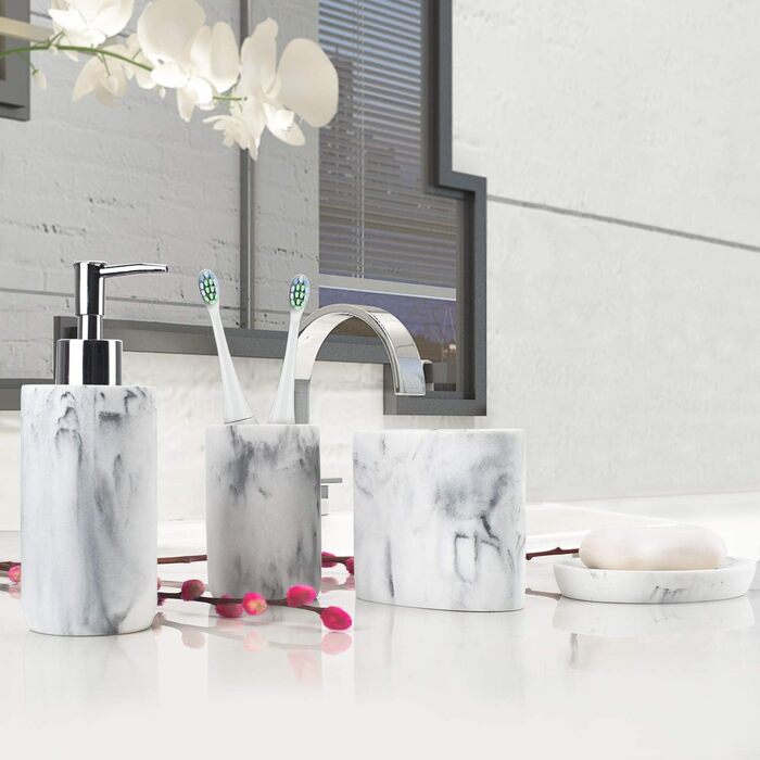 Набір аксесуарів для ванної кімнати L'ARL GMVOI, 4 шт., мармуровий набір аксесуарів для ванної кімнати з тримачем для зубних щіток, дозатором мила, склянкою, мильницею для декору ванної кімнати, білий