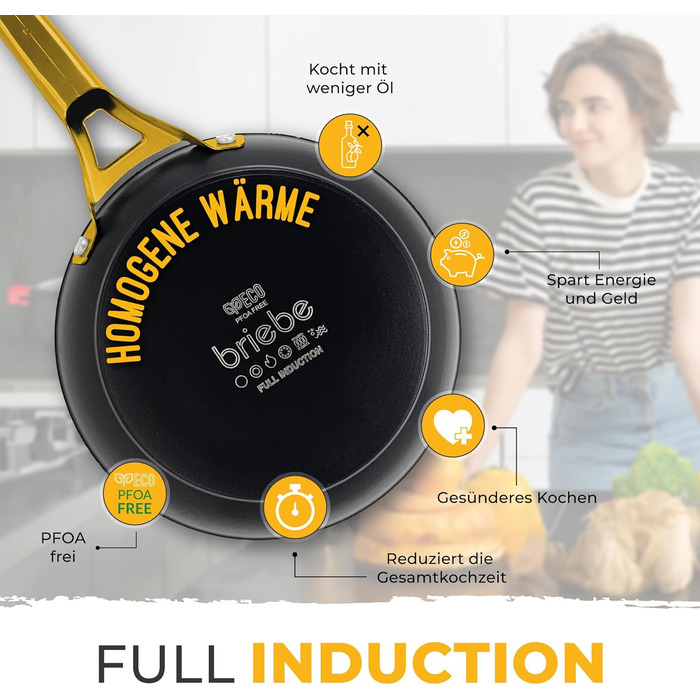 Набір сковорідок Briebe Gold Titanium Set (3 шт.) з титановою поверхнею, антипригарне покриття, для індукційних плит, діаметр 18-20-24 см, коване алюміній, без PFOA, професійні ручки з нержавіючої сталі, сумісний з газовими та склокерамічними плитами