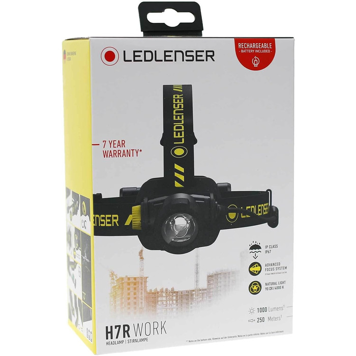 Налобний ліхтар Ledlenser H7R Work, 1000 люмен, акумуляторний, LED, водонепроникний IP67, високий CRI, фокусування, димер, 250 м, з кріпленням для шолома та магнітним USB-кабелем