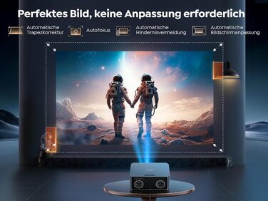 Смарт-проектор Toptro 4K Home Cinema, 1500 ANSI люмен, Full HD 1080p, Netflix, Dolby Audio, двосторонній Bluetooth, WiFi, AI-автофокус та корекція трапеції, для дому та вулиці, чорний