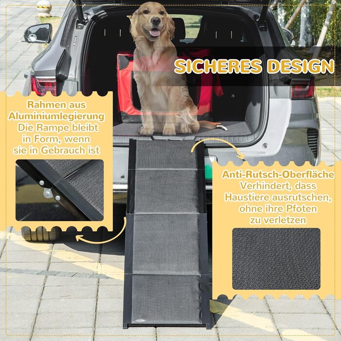 Рампа для собак PawHut - складана авторампа для домашніх тварин 158 см. Ідеально для великих собак до 40 кг, з антиковзким покриттям та ручкою. Підходить для LKW, SUV, високих ліжок. Чорний колір.