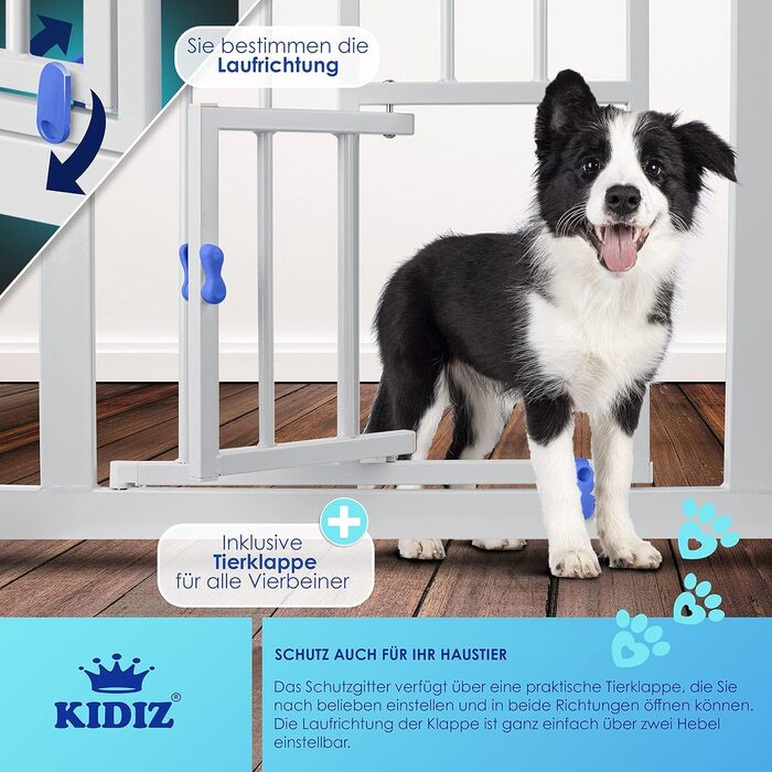 Захисне ворота KIDIZ для дітей з люком для котів, без свердління | Захист від падіння, поворотне, біле | Ширина: 102-115 см, блакитне