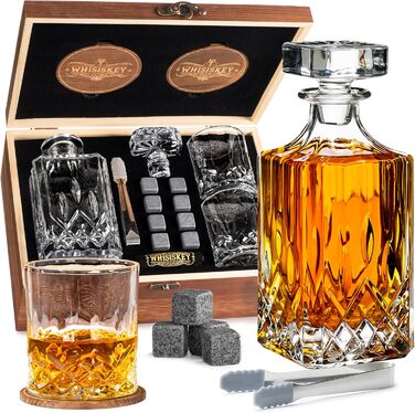 WHISISKEY Whiskey Carafe Set - Whiskey Gift Set - Gifts for Men - Men's Gifts Gift - Birthday Gift for Men - Classic Decanter 700ML, 2 Whiskey Glasses, 8 Whiskey Stones