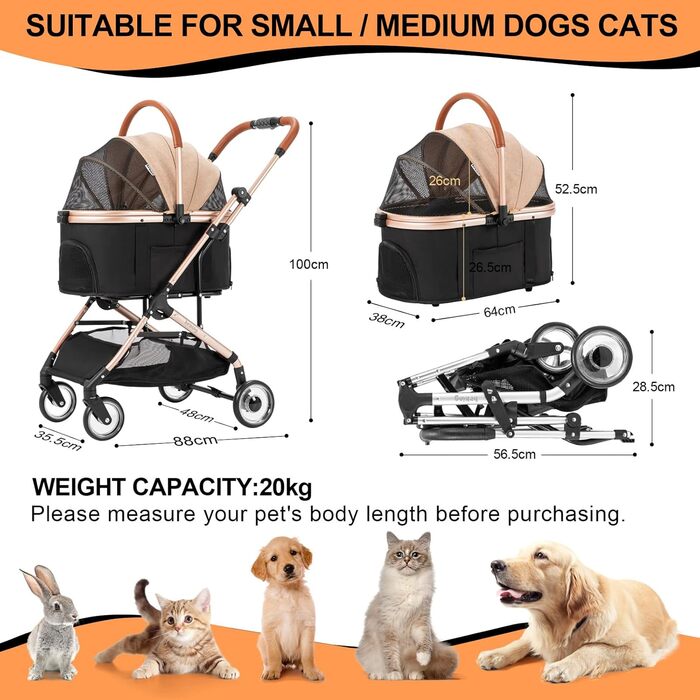 3 в 1 візок для собак з знімним сидінням для подорожей, бутка для собак, переносна сумка, складаний, візок для домашніх тварин, до 20 кг (Хакі)