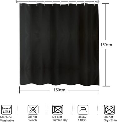 Штора для душу YISURE 150x150 см чорна, текстильна, поліестер, з металевими люверсами, машинне прання