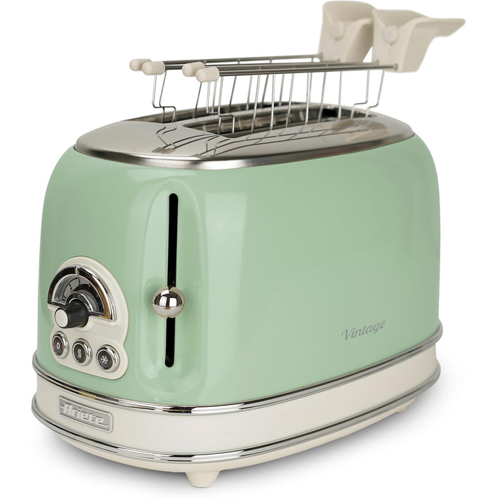 Тостер Ariete Vintage 155, 2-слайсовий, ретро, 6 режимів, автоматичний викид, розморожування, зйомний піддон, нержавіюча сталь, щипці для сендвічів, 810 Вт, зелений