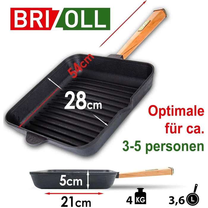 Чавунна сковорода для стейків 26 см з дерев'яною ручкою, для газових грилів, духовки, вогнища та індукційних плит
