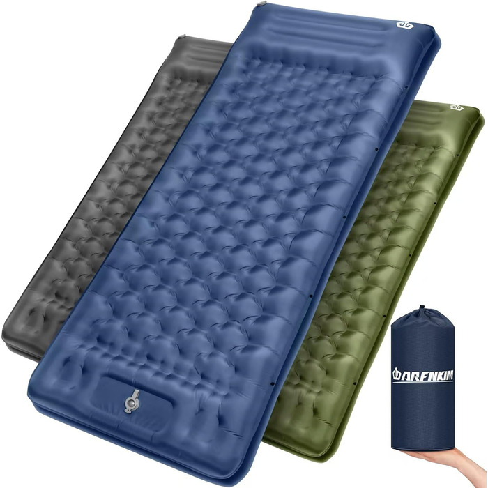 ARFNKIM Self-Inflating Camping Mat - 12cm Thick Sleeping Pad with Foot Pump & Pillow - Lightweight, Compact, Waterproof Sleeping Mat for Outdoor Use (Green/Blue)
