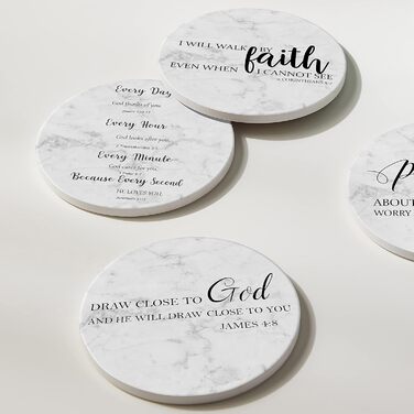 Hoomey Coasters for Drinks with Bible Verses, 6 Pack Absorbent Drink Coasters with Holder Ceramic Coasters with Cork Back for Table Protection, Christian Coasters, Christian (White)