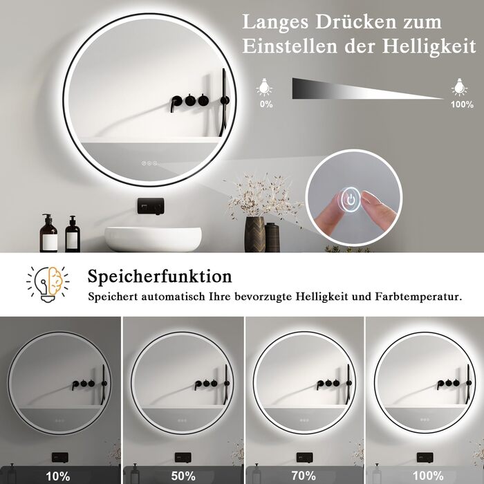 Дзеркало для ванної кімнати з підсвічуванням LED, антизапар, сенсорне керування, регулювання яскравості, 3 кольори світла, функція пам'яті, захист від вибуху, кругле дзеркало 50см (металевий каркас+bluetooth)
