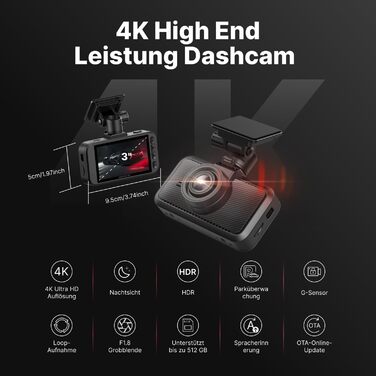 Відеореєстратор Miofive 4K Auto GPS WiFi Bluetooth з дисплеєм 3 дюйми, Нічне бачення, HDR, Loop-запис, підтримка до 512GB, з SD-карткою 32GB