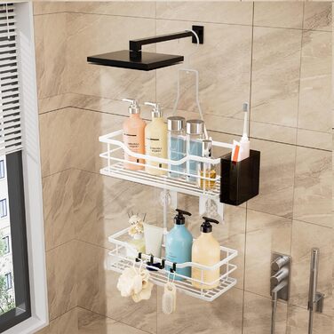 Настінна поличка для душу HapiRm з 4 гачками - органайзер для шампуню та засобів для душу, білий