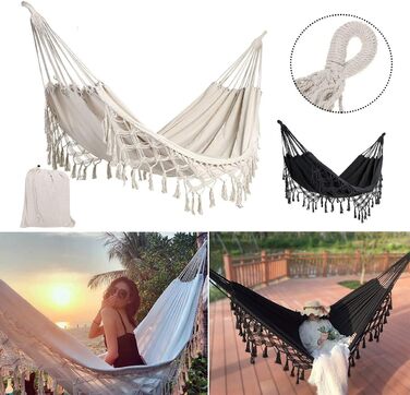 Гамак для дому та вулиці Boho макраме подвійний великий бавовняний м'який для двох осіб 200x150 см, до 200 кг (Чорний)