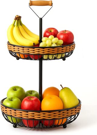 Двоярусний кошик для фруктів LEEJARD з синтетичного ротангу, знімний піддон, чорний (H:45 Dm:29 см)