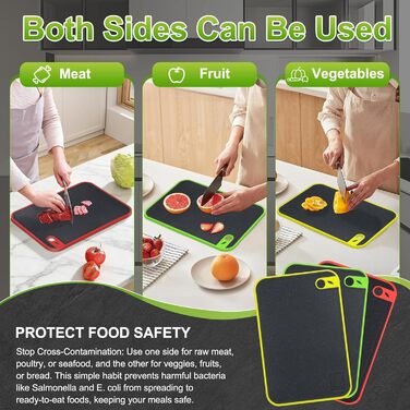 Набір з 3 дощок для нарізання з пластику, кухонні дошки з антибактеріальним покриттям, неслизькі з жолобом для соку та пресом для часнику (червоний, жовтий, зелений)