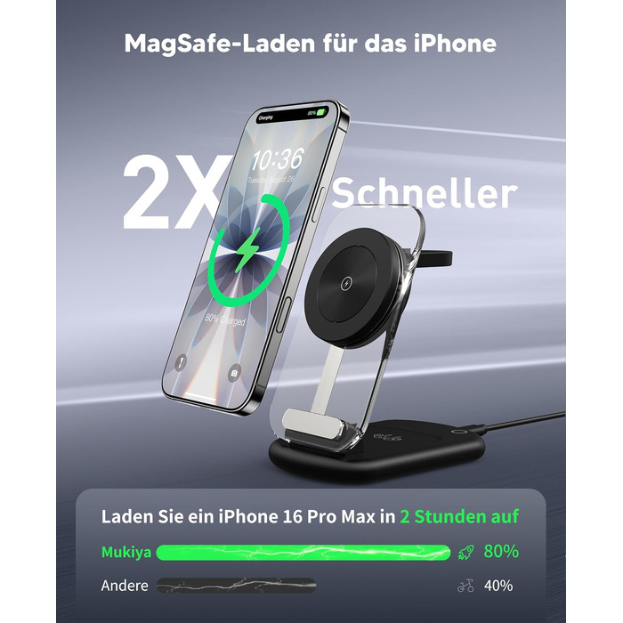 Зарядний пристрій MagSafe 3-в-1 для iPhone 17/16/15/14/13/12 Pro Max/Air/Plus/Pro та Apple Watch 10/9, AirPods 3/2/Pro, чорний