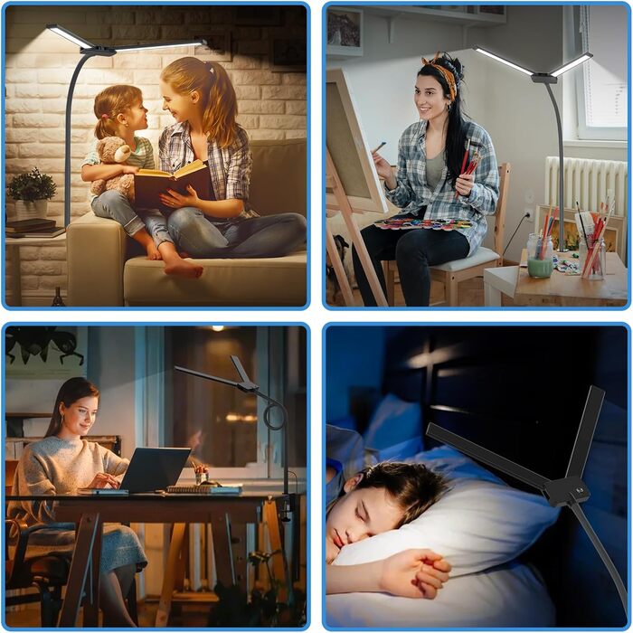 LED настільна лампа Rigors 60 см з регулюванням яскравості, 900 лм, денне світло, захист очей, 5 кольорів, 10 рівнів яскравості, гнучкий 360° шийка, з мережевим адаптером, чорний