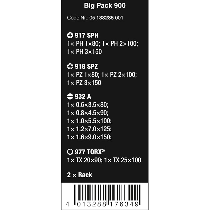 Набір викруток Wera Kraftform Big Pack 900, 13 предметів, ударостійкі, з тримачем, 05133285001