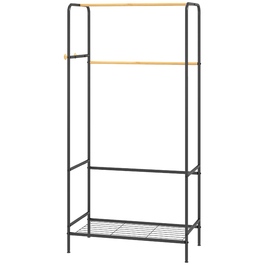HOMCOM Clothes Rack Coat Stand with 2 Clothes Rails and Shelf, Coat Rack with Hooks for Bedroom and Hallway, Bamboo Black