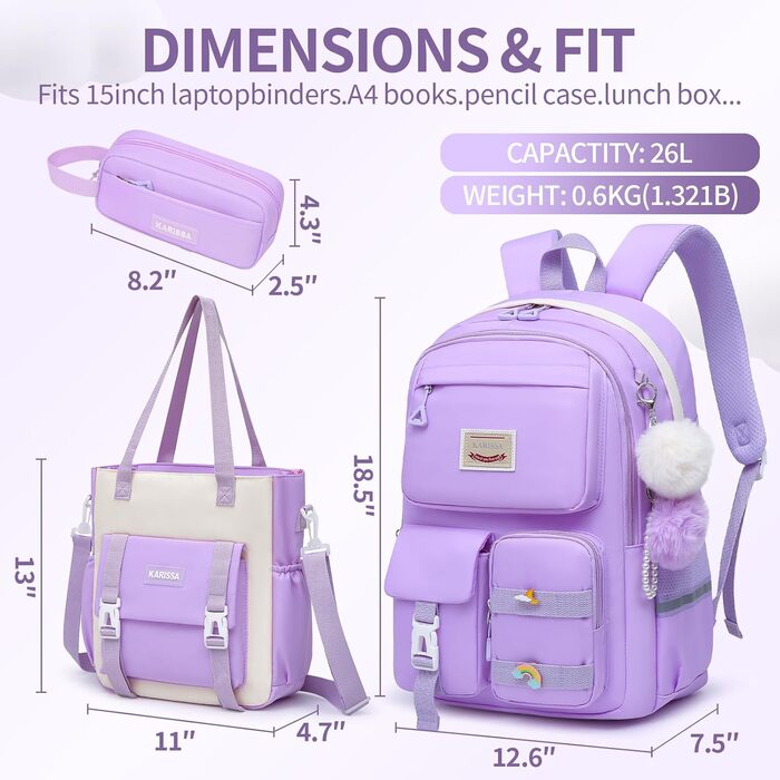 Дитячий рюкзак для школярів: для ноутбука, підручників, з багатьма кишенями, для підлітків, дітей, подорожей, 17 дюймів, фіолетовий