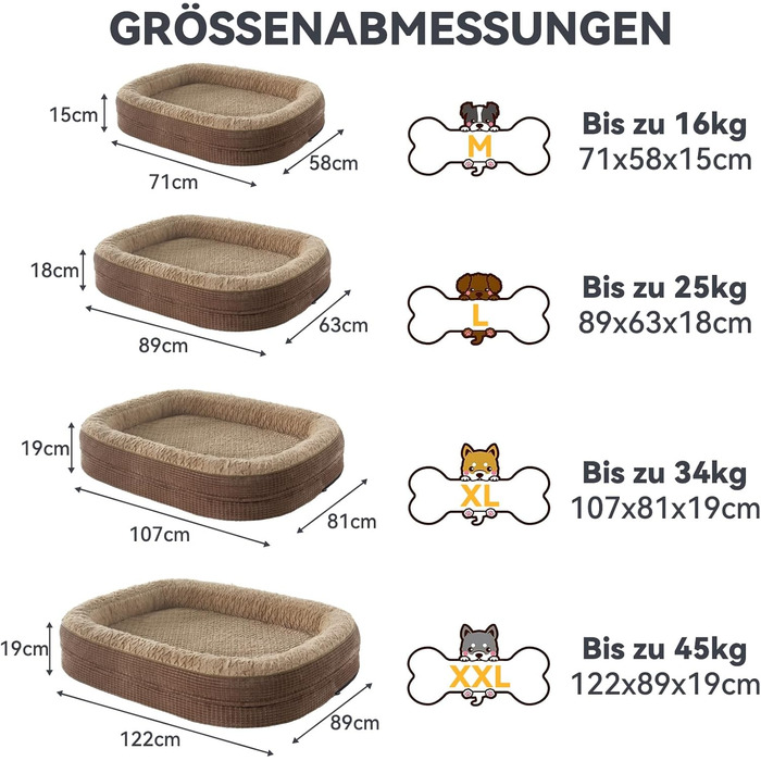 Ортопедичне ліжко для собак середніх порід Pawk, з чотиристороннім валиком для шиї, з memory foam, водонепроникне, антиковзаюче, знімне та пральне (122 x 89 x 19 см)