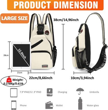 Сумка-слінг через плече для жінок та чоловіків. Рюкзак Oxford, Crossbody, спортивна сумка, Casual Daypack для подорожей, спорту та шопінгу (Білий)