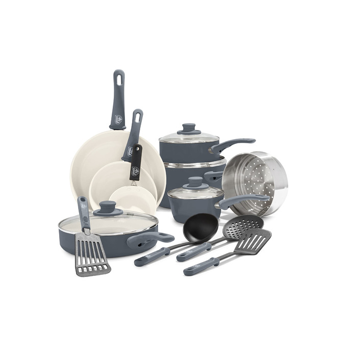 Набір посуду GreenLife Keramik Quartzgrau 16 предметів з антипригарним покриттям, кришки з термостійкого скла, для смаження, тушкування, приготування соусів, підходить для посудомийної машини та духовки, без PFAS