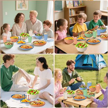 Набір посуду 48 шт. незламний, багаторазовий для кемпінгу/пікніка, пластиковий, кольоровий (49 шт.)