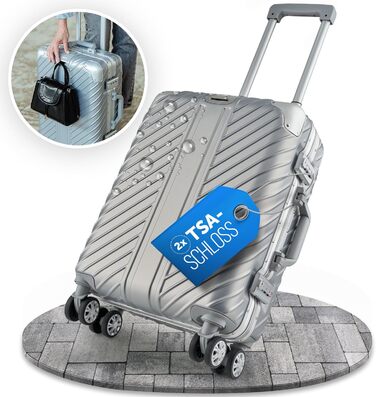 Валіза ручної поклажі 20 дюймів (срібна) з алюмінієвим каркасом, водонепроникна, з кишенями для ноутбука та захистом кутів | Валіза на колесах, екстра стабільна