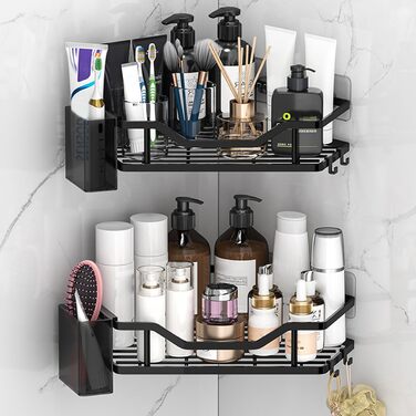 Поличка для душу без свердління, кутова, 2 шт., органайзер для ванної кімнати з 4 гачками, чорний. Підставка для шампуню та аксесуарів для душу