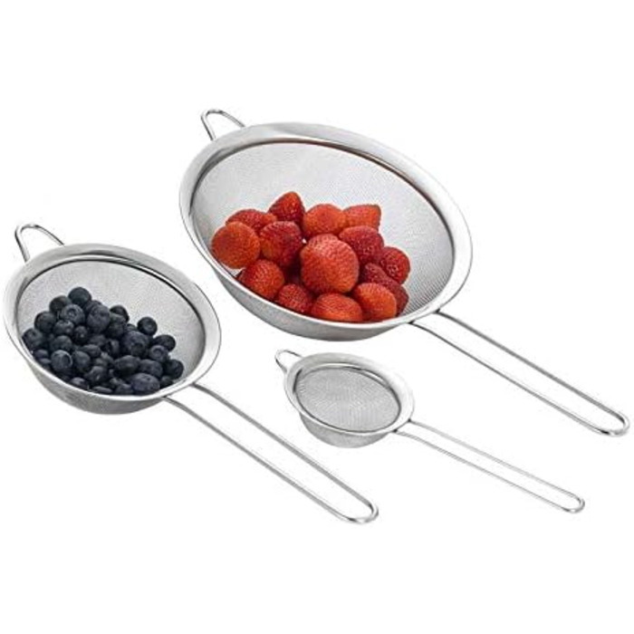Набір сит для кухні, 3 шт. (діаметр 7/12/18 см), нержавіюча сталь, дрібний сіт, з ручкою. Ідеально для приготування та проціджування: макарони, кіноа, цукрова пудра, овочі, фрукти, чай.