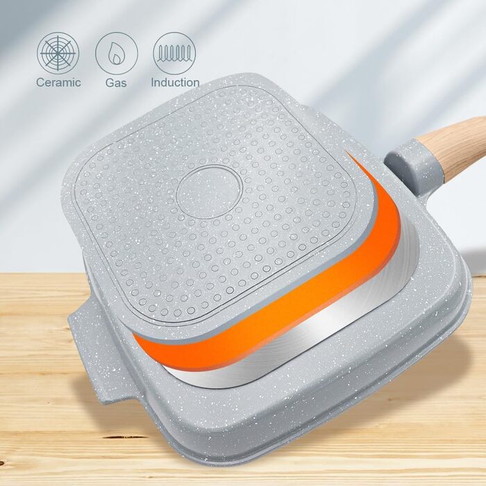 Гриль-сковорода з кришкою 26x24 см з антипригарним керамічним покриттям, знімною ручкою, блакитна