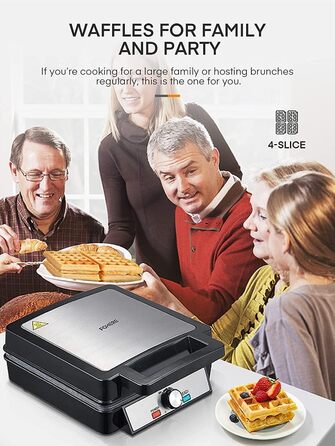 Вафельниця FOHERE з 4 пластинами, 1200W, бельгійські вафлі, антипригарне покриття, регулятор засмаги, нержавіюча сталь – ідеально для сімейного сніданку, чорний