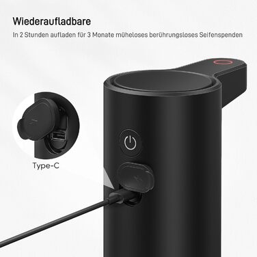 Automatic Soap Dispenser with Window - Infrared Sensor, 250ml, USB Rechargeable, Waterproof, Adjustable Dosage, Drip-Free, for Kitchen & Bathroom - Matte Black