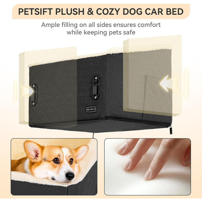 PETSFIT Автокрісло для собак, підняте на 12.5 см, для собак до 12 кг, чорний колір, знімний плюшевий чохол, безпечне кріплення