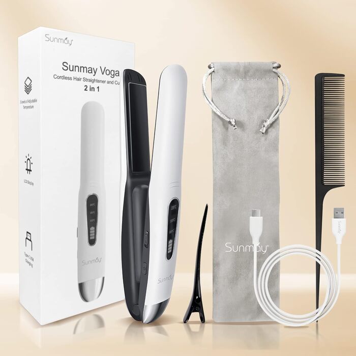 SUNMAY Voga Бездротове праска для волосся 2-в-1: випрямлення та завивка, USB, акумулятор, mini, для подорожей, 3 температурні режими, 5000mAh