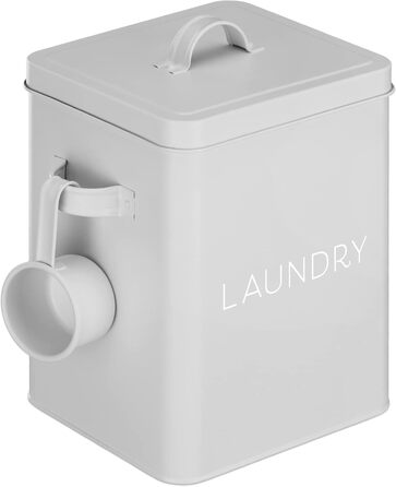 Navaris Laundry Detergent Box with Measuring Spoon - Metal Storage Box for Detergent - Laundry Dose Lid - Vintage Washing Powder Box Container - white (Grey)