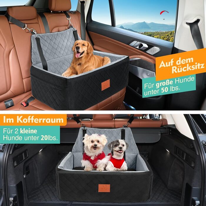 Автомобільний сидіння для собак великих та середніх порід, до 25 кг, з товстим килимком та 2 страхувальними ременями (Чорний+Сірий)